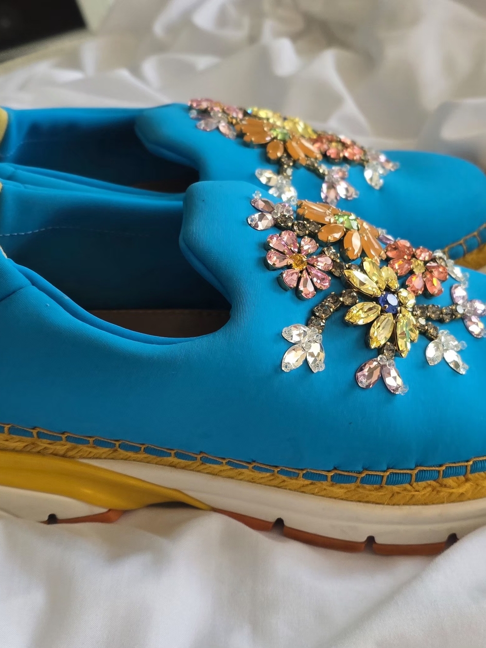 Dolce & Gabbana Turquoise Jeweled Slip-On Mules with Yellow Trim